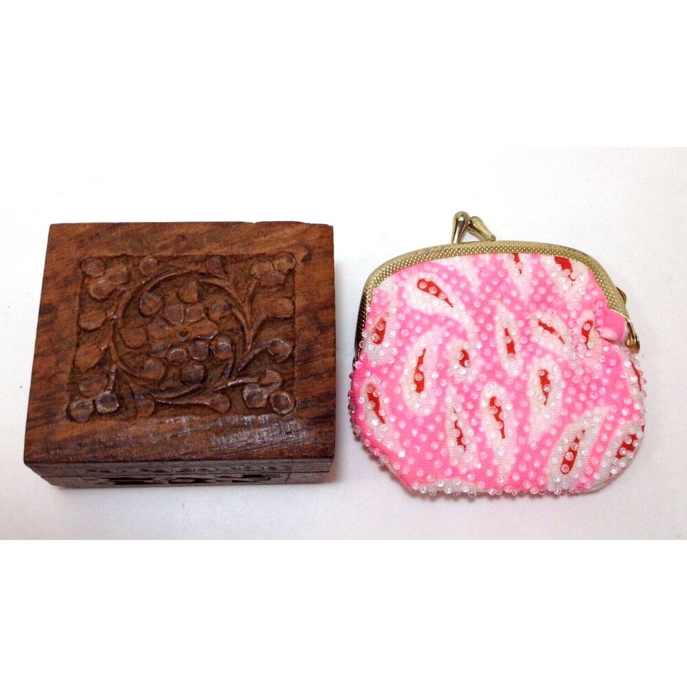 Hand Carved Wooden Hinged Box Trinket Jewelry & Old Fashioned Change Purse